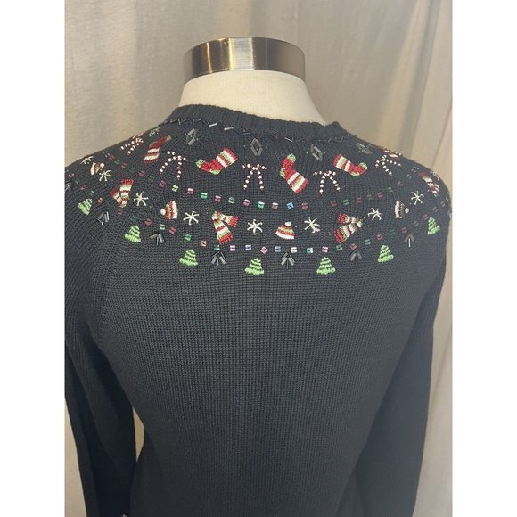 CHARTER CLUB Christmas Women's Cardigan Sweater Button up Size Medium Black - Picture 11 of 16